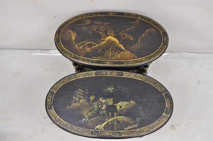 Vintage Chinoiserie Black Painted Oval 3 Tier Side Tables by Yeager - a Pair