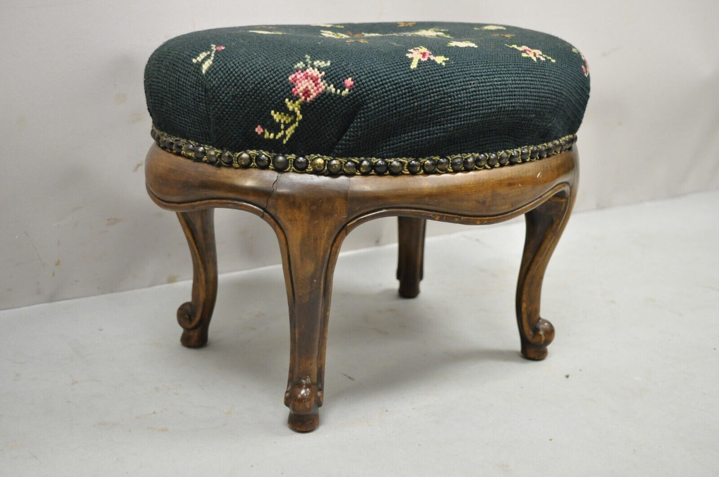 Antique French Victorian Green Floral Needlepoint Oval Mahogany Small Footstool