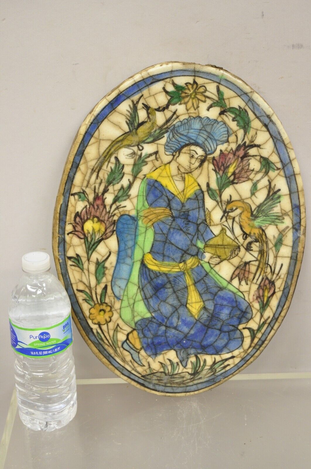 Antique Persian Iznik Qajar Style Ceramic Pottery Oval Tile Figure with Bird C3