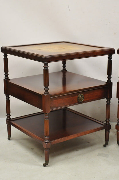 Vintage Georgian Style 3 Tier Leather Top Mahogany End Tables w/ Drawer - a Pair
