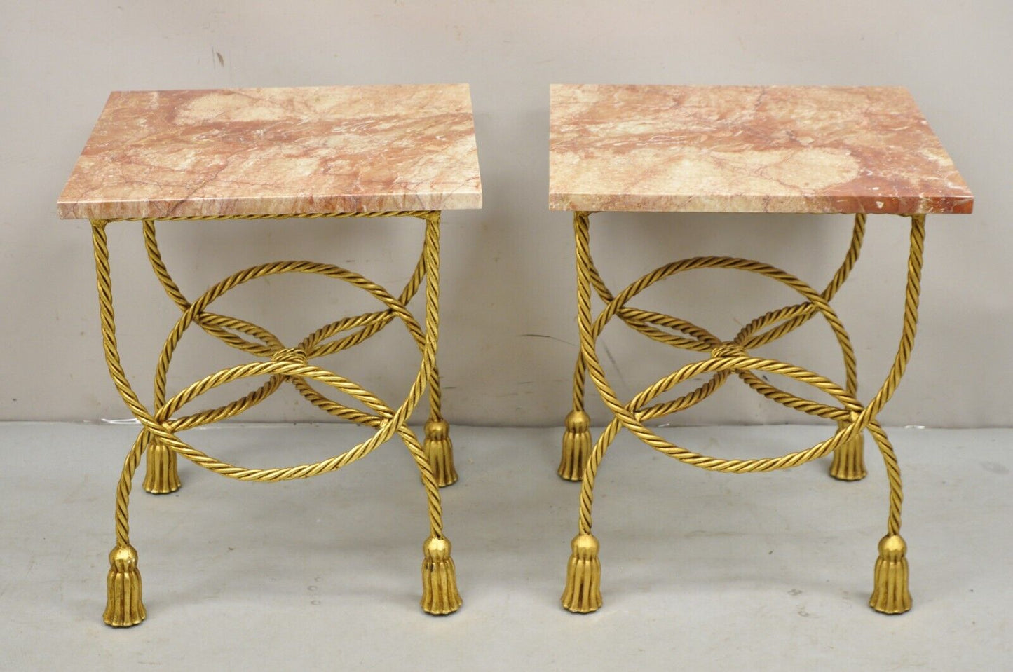 Italian Hollywood Regency Gold Iron Rope Tassel Rouge Marble Top Side Table Pair