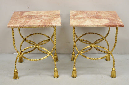 Italian Hollywood Regency Gold Iron Rope Tassel Rouge Marble Top Side Table Pair