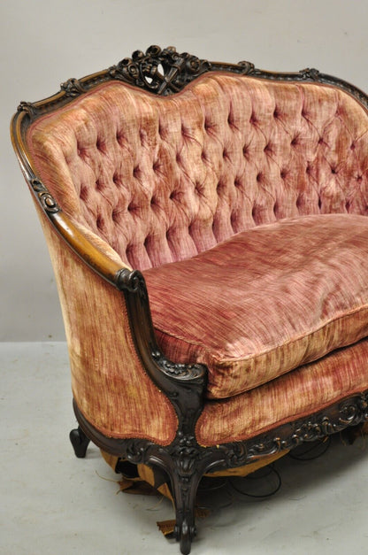 Antique French Louis XV Rococo Style Ornate Carved Mahogany Settee Loveseat Sofa