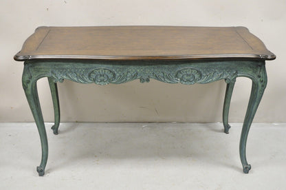 Vintage French Country Provincial Style Shell Carved Blue Painted 2 Drawer Desk