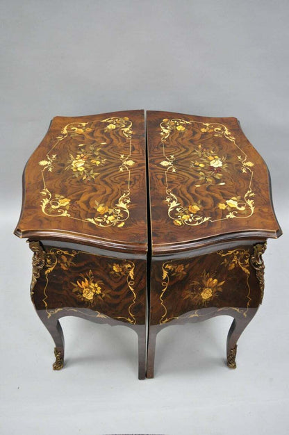 Pair Italian Inlaid French Louis XV Bombe Nightstands Commode by Roma Furniture