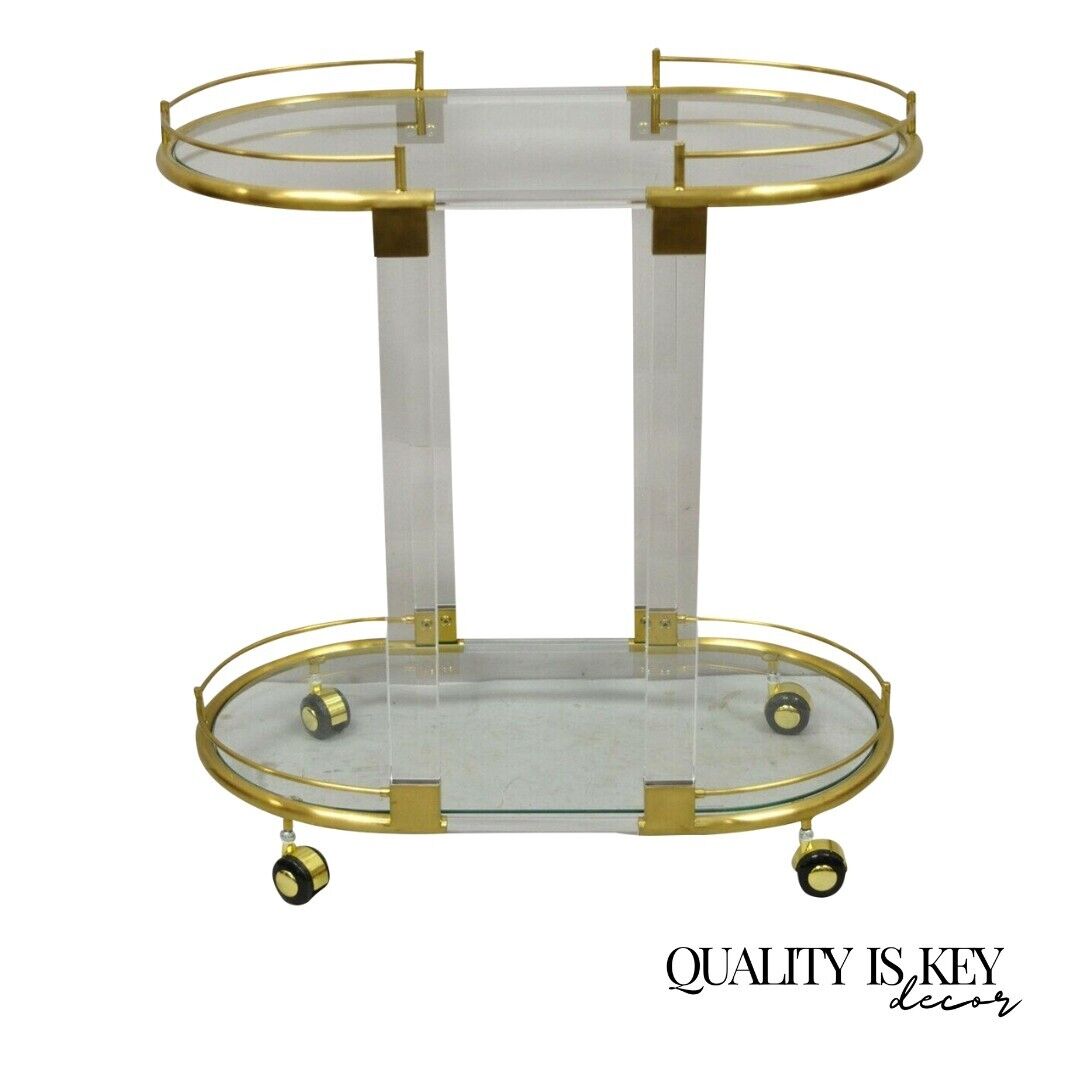 Modern Acrylic Lucite Gold Oval 2 Tier Glass Bar Cart Trolley Table