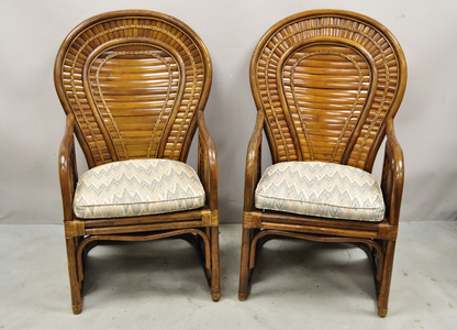 Pair Vintage Hollywood Regency Boho Chic Bentwood Rattan Fan Back Lounge Chairs