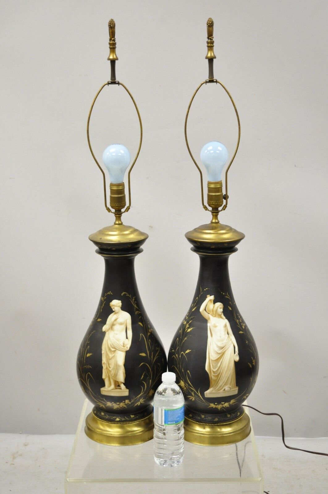 Antique French Neoclassical Black Porcelain Classical Bulbous Table Lamps - Pair