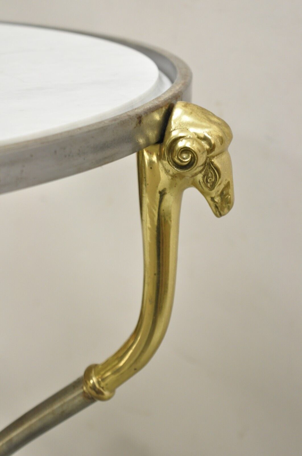 Italian Neoclassical Style Brass Rams Head Steel Metal Round Marble Side Table