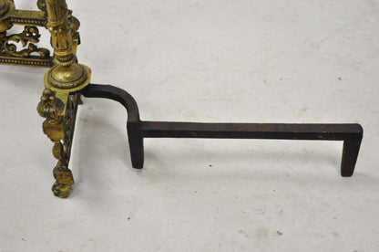 Antique French Empire Style Flame Finial Brass and Cast Iron Andirons - a Pair