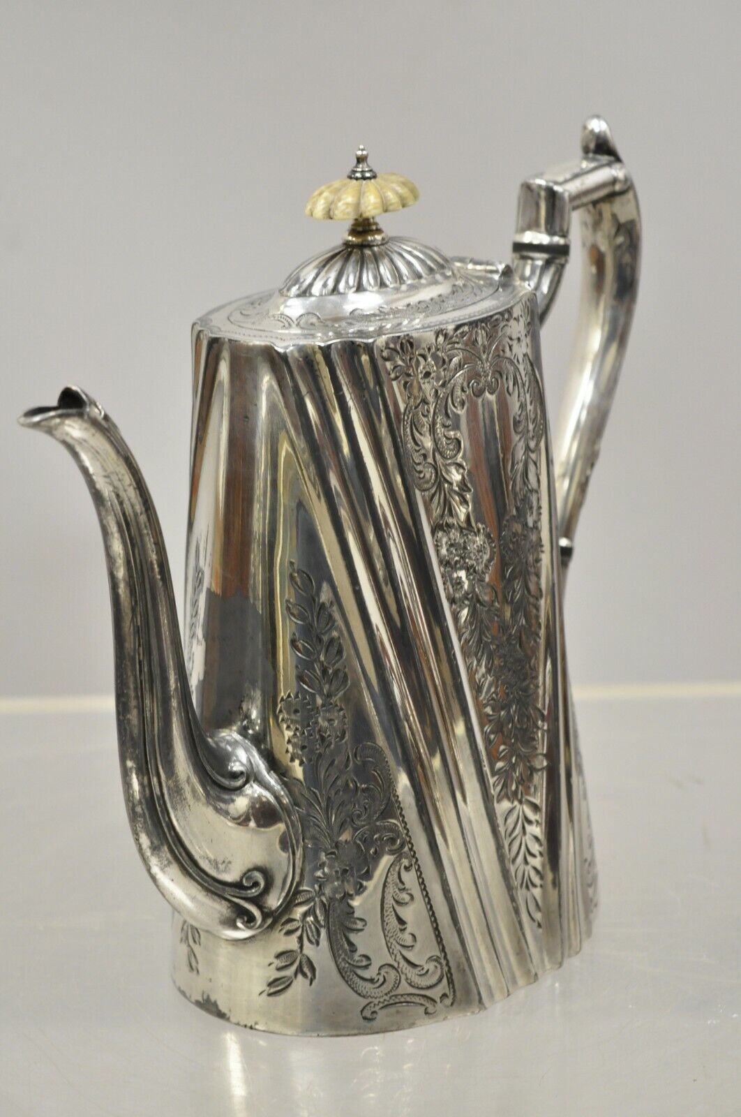 Antique English Silver Plate Edwardian Victorian Bone Handle Floral Coffee Pot D