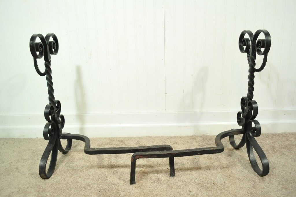 Pair of Antique Wrought Iron Arts & Crafts Art Nouveau Scrolling Andirons Black