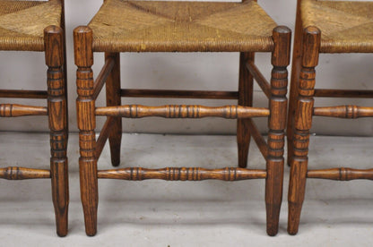Antique Ladderback Primitive Rustic Oak Wood Rush Seat Dining Chairs - Set of 4