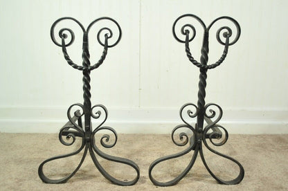 Pair of Antique Wrought Iron Arts & Crafts Art Nouveau Scrolling Andirons Black