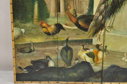 Venetian Hand Painted Oil on Canvas 4 Section Peacock Bird Screen Room Divider