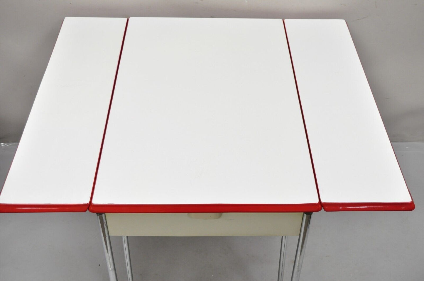 Antique Art Deco Red and White Porcelain Enamel 40” Extension Kitchen Table