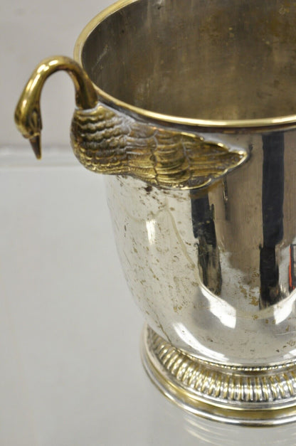 Vintage Italian Regency Silver Plated Champagne Chiller Ice Bucket w Brass Swans