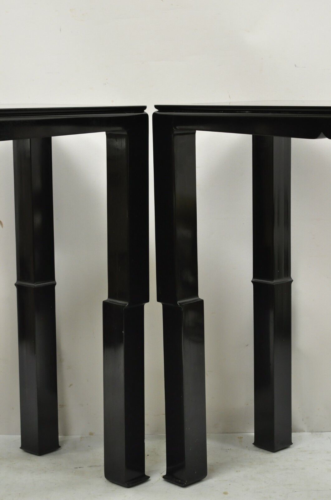 Black Lacquer James Mont Style Oriental Modern Sofa Hall Console Tables - Pair