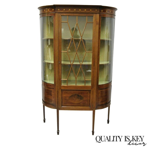 English Edwardian Satinwood Inlay Bowed Curved Glass China Display Cabinet Curio