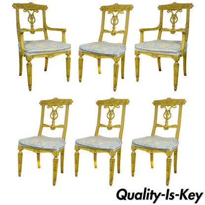 6 Yellow Painted French Regency Louis XVI Style Carved Dining Room Chairs