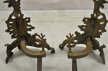 Antique French Rococo Baroque Style Brass Leafy Acanthus Andirons - a Pair