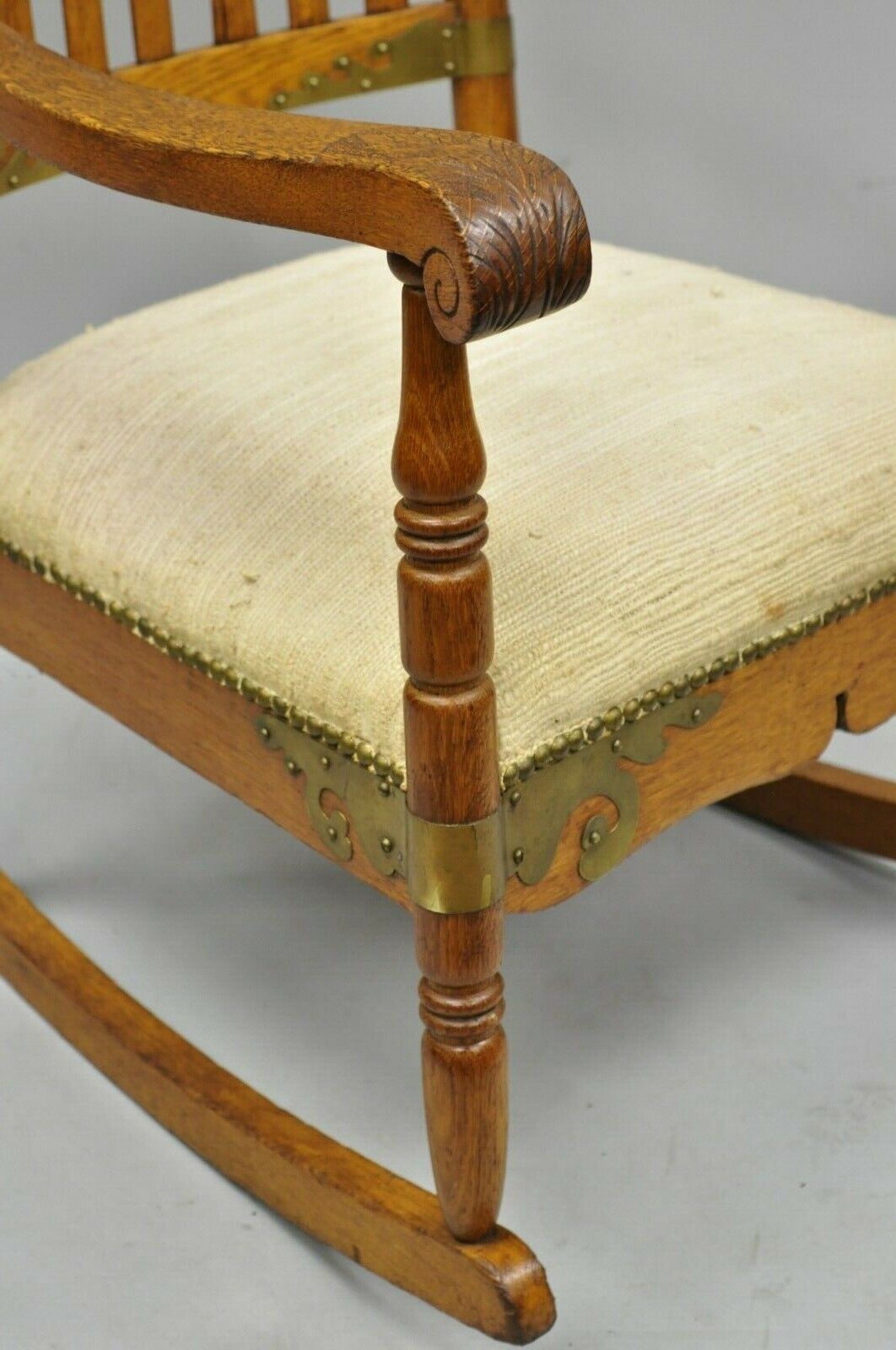 Antique Victorian Oak Wood Arts & Crafts Rocker Rocking Chair with Brass Accents