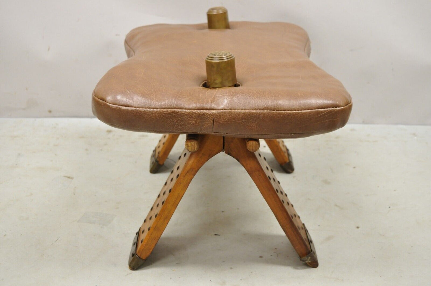 Vintage Moroccan Style Brown Vinyl Wooden Camel Saddle Ottoman Stool