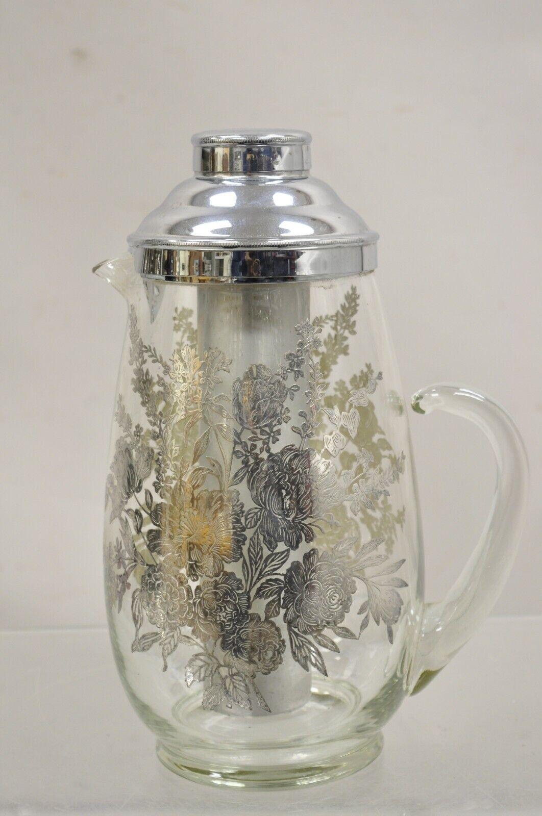 Cambridge Floral Sterling Silver Overlay Glass Lemonade Pitcher w/ Ice Caddy