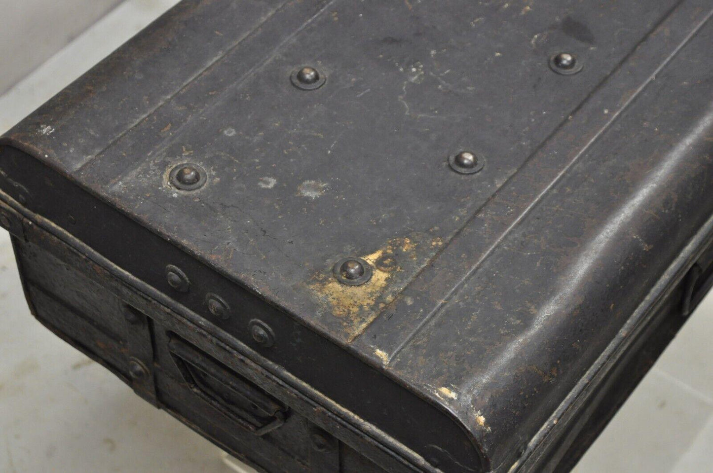 Antique Art Deco Steel Metal Military Weapons Black Storage Travel Trunk