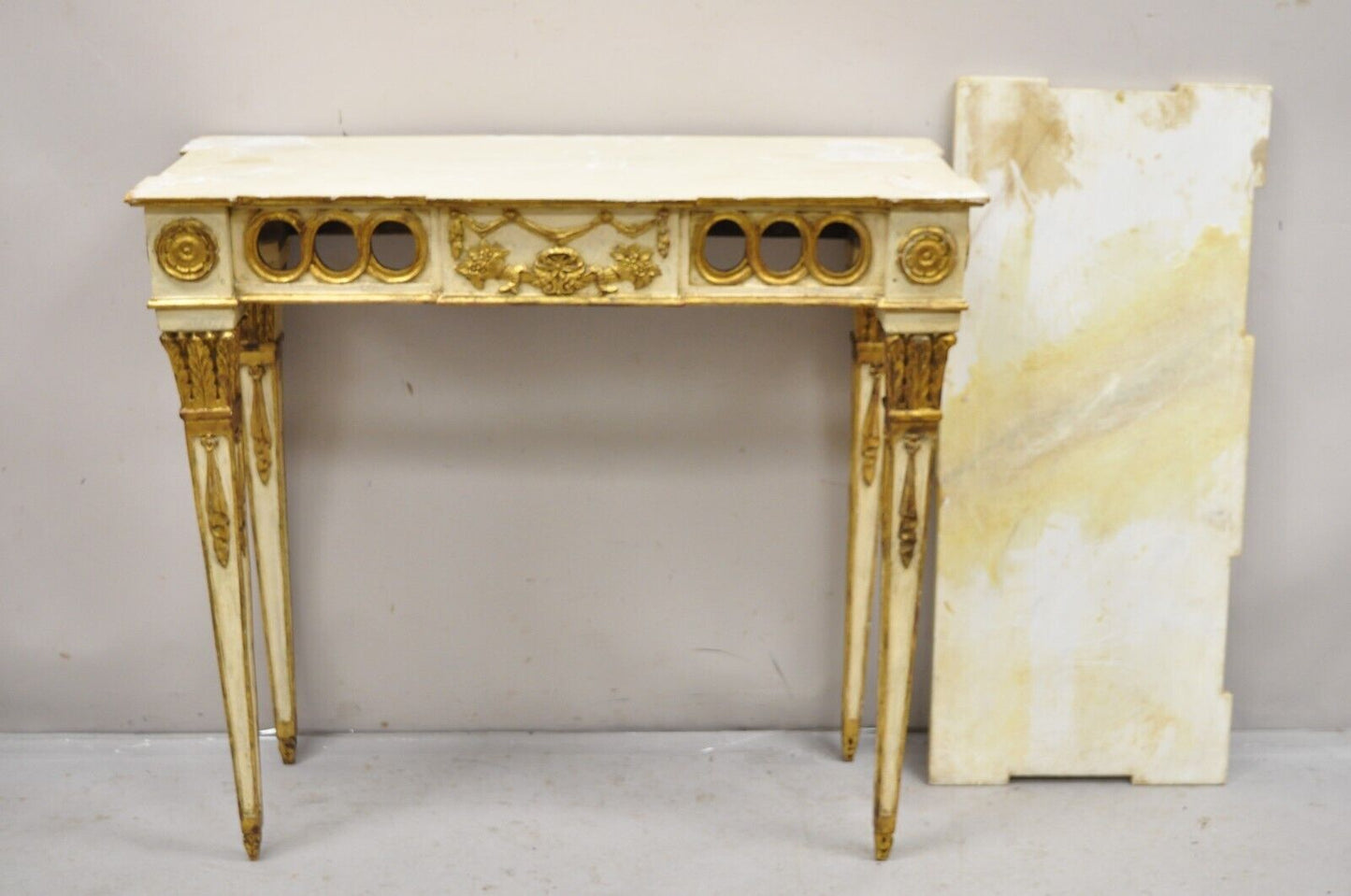 Vintage Italian Neoclassical Style Marble Top Cream and Gold Gilt Console Table