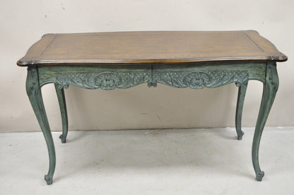 Vintage French Country Provincial Style Shell Carved Blue Painted 2 Drawer Desk