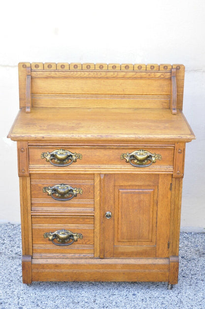 Antique Victorian Oak Bedroom Set Full Size Bed Washstand Dresser - 3 Piece Set