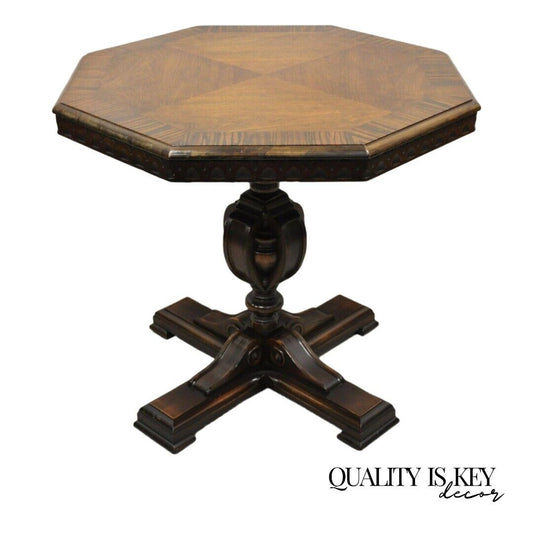 Antique Jacobean Walnut Banded Inlay Sunburst Top Octagonal Center Table