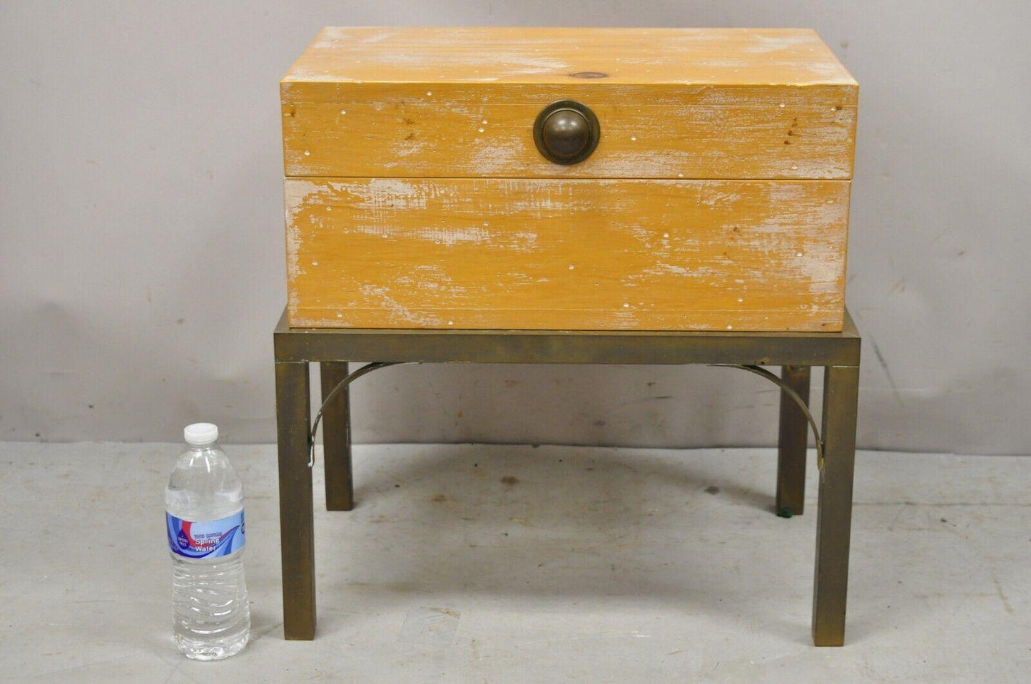 Vintage Small Campaign Style Trunk Chest on Brass Base Accent Side Table