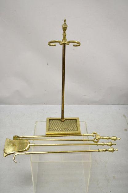 Vintage Solid Brass Federal Style Urn Finial Fireplace Tool Set and Stand