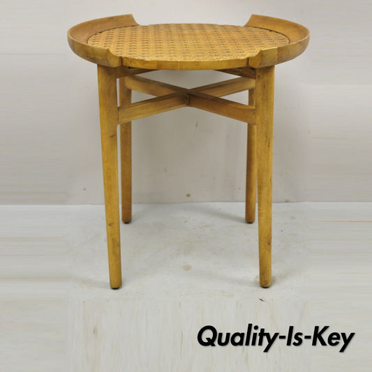 Mid Century Modern Cane Top Sculpted Wood Stretcher Snack Side Table