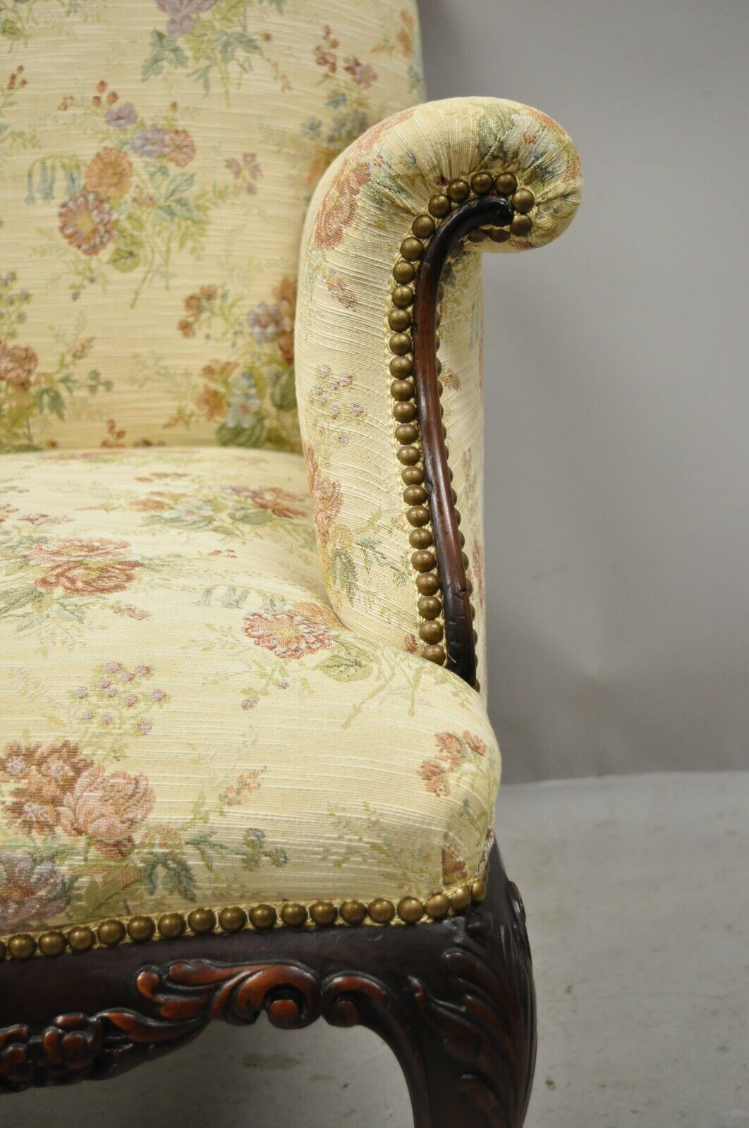 Antique Victorian French Carved Mahogany Upholstered Bergere Lounge Arm Chair