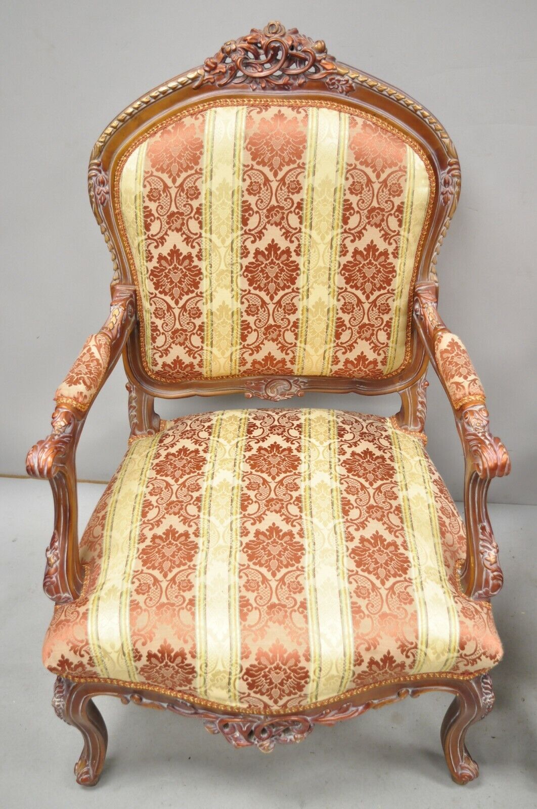 Pair of French Louis XV Style Repro Pink and Gold Bergere Lounge Arm Chairs