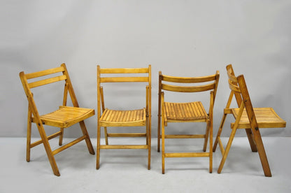 4 Vintage Wood Slat Seat Mid Century Modern Folding Dining Game Chairs