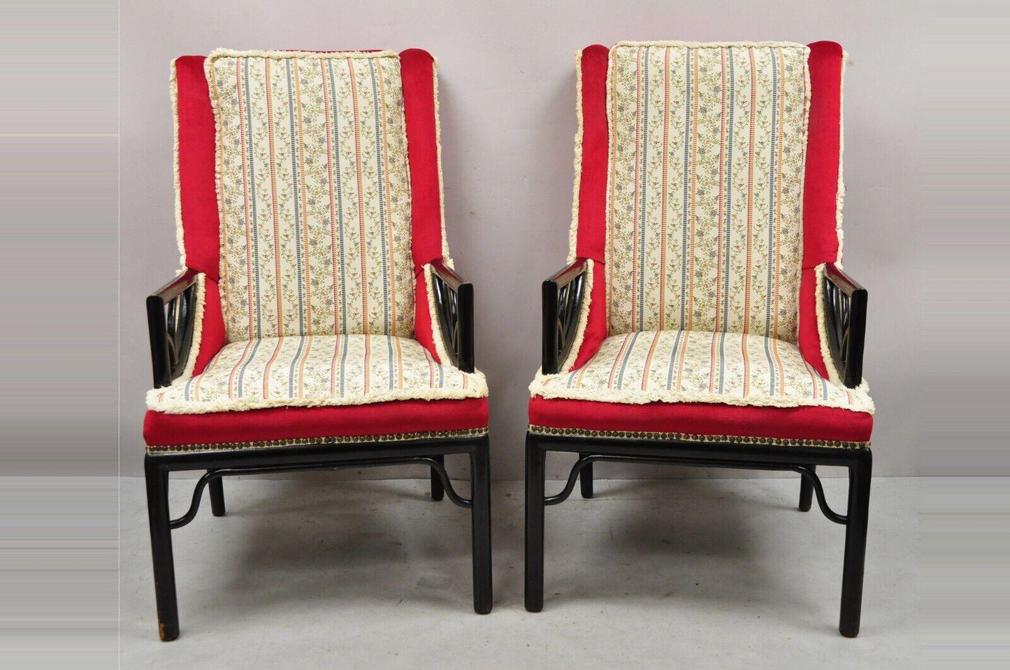 James Mont Style Black Chinese Chinoiserie Fretwork Red Lounge Chairs - a Pair