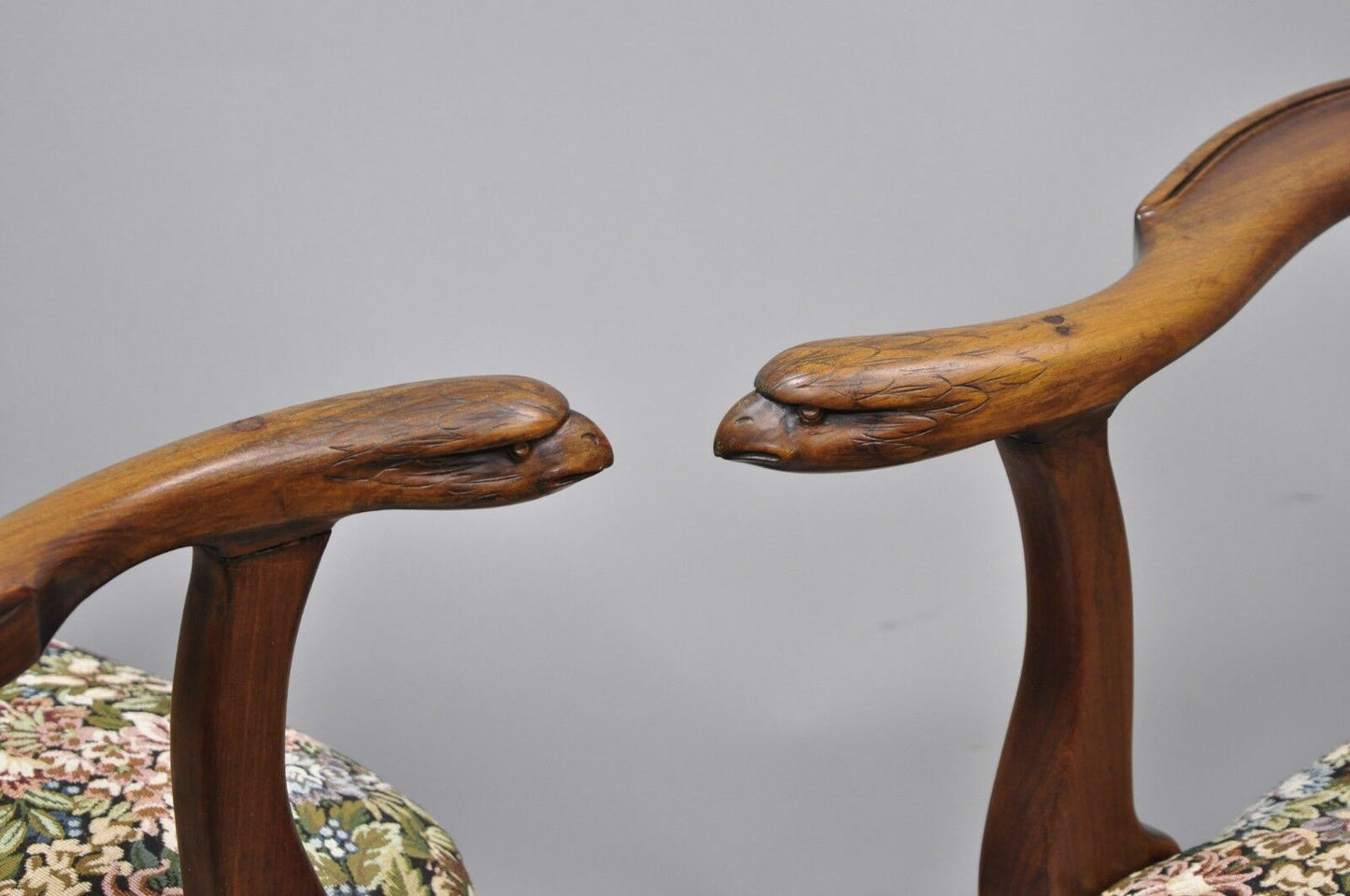 Pair Early 20th C. Mahogany Chippendale Style Armchairs with Carved Eagle Heads