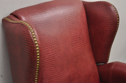 Ethan Allen Burgundy Red Croc Print Leather Upholstered Wingback Recliner Chair