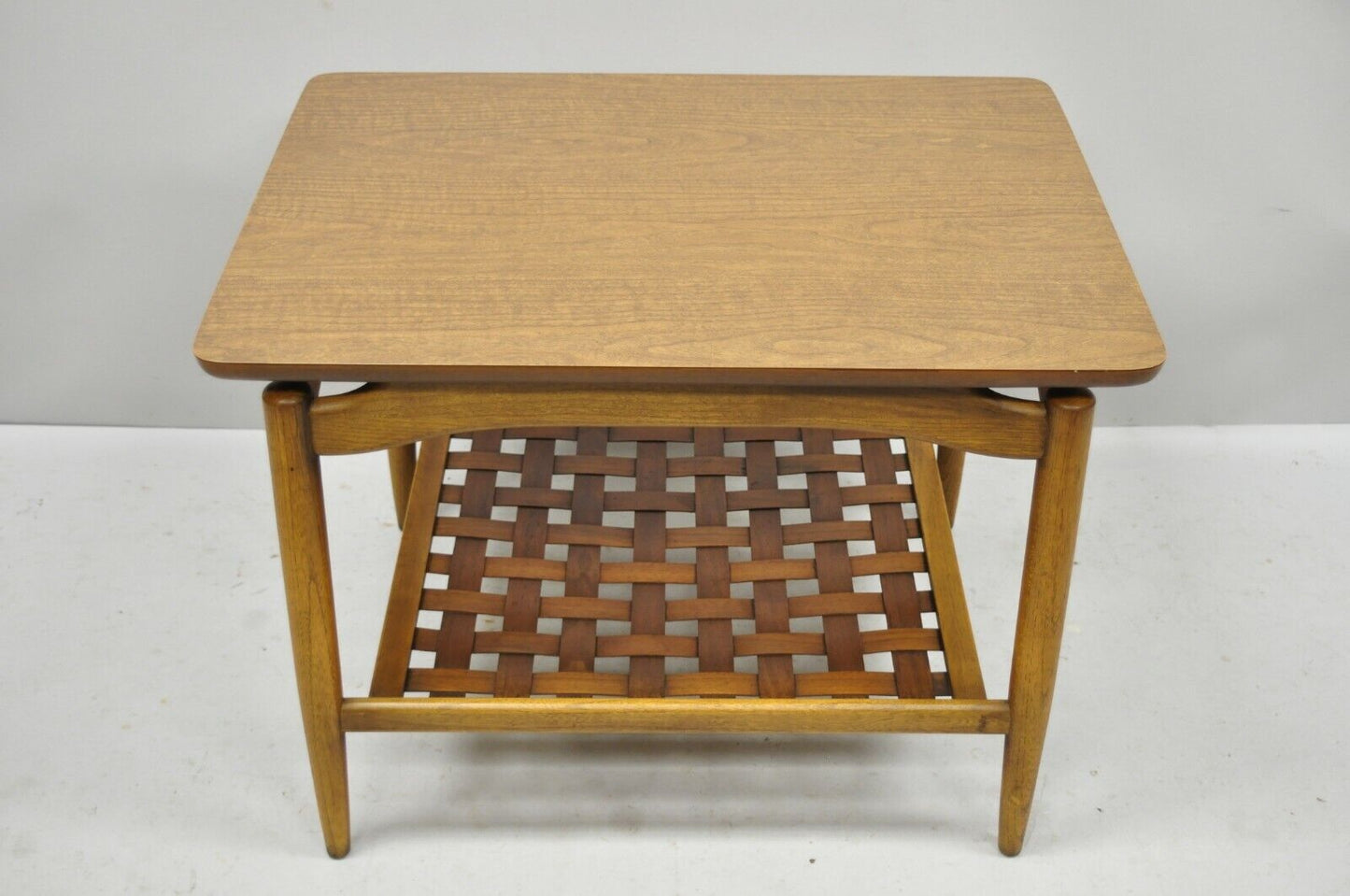 Mid Century Modern Lane Altavista Walnut Woodgrain Laminate Lattice End Table