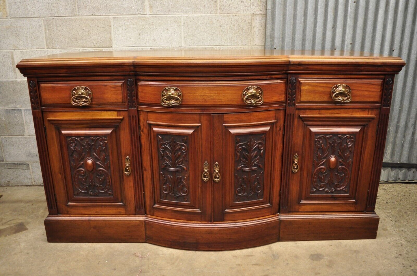 Antique French Renaissance Art Nouveau Mahogany Bowed Front Buffet Sideboard