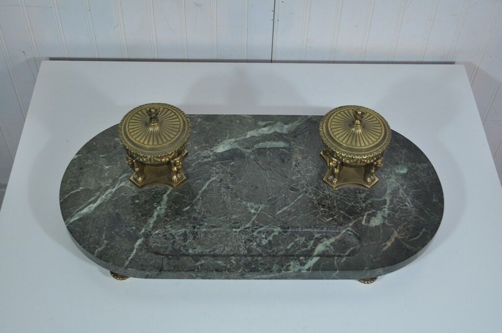 Antique French Empire Styl Figural Bronze Green Marble Double Inkwell Neoclassic