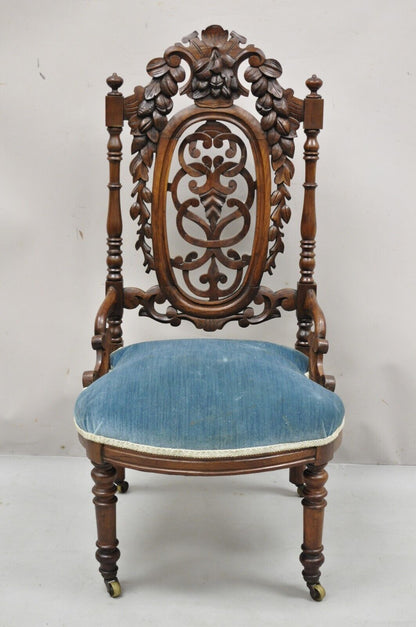 Antique Victorian Carved Walnut Harvest Vine Slipper Chair After John Belter