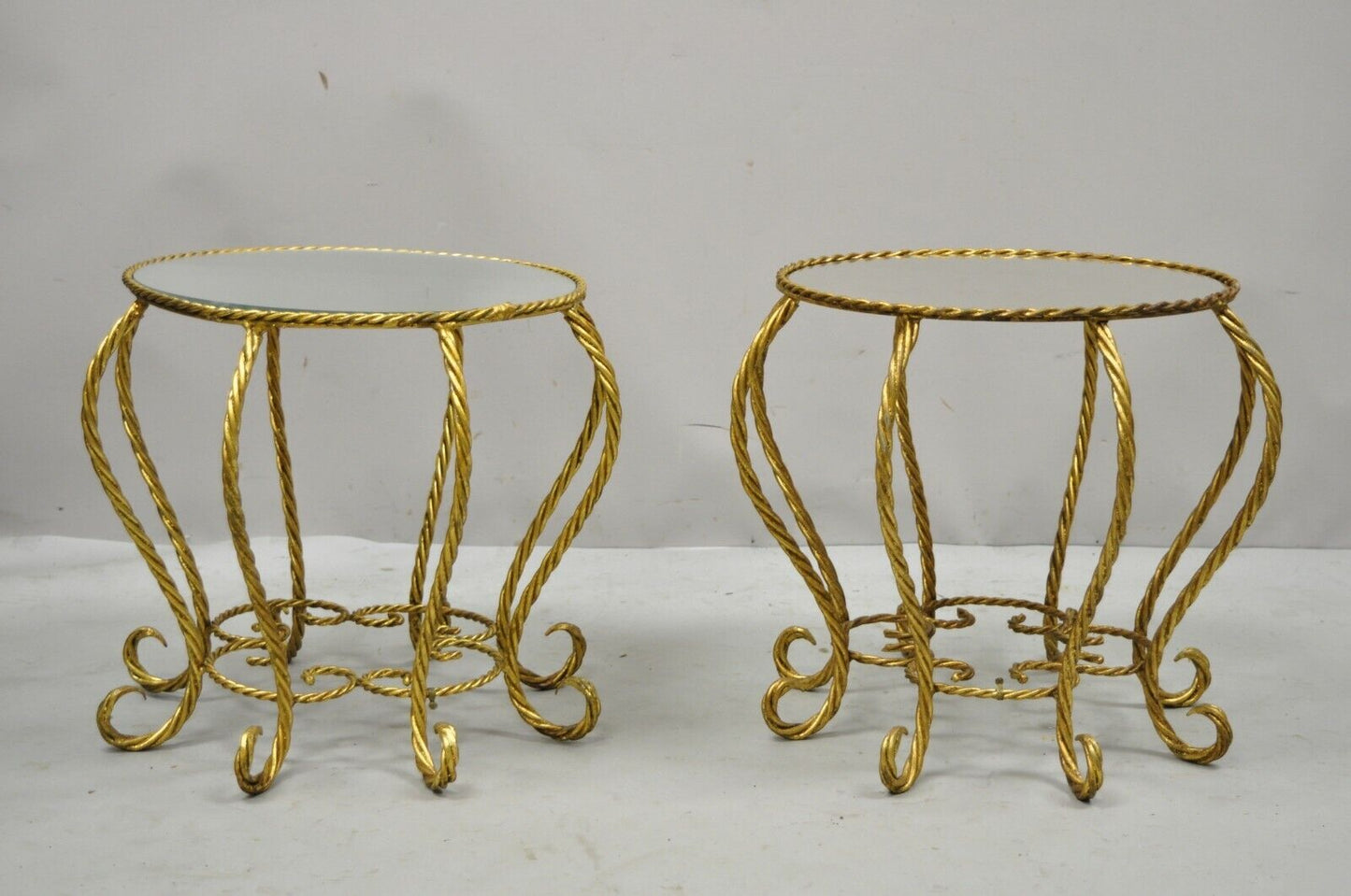 Vintage Italian Hollywood Regency Gold Gilt Glass Top Low Side Tables - a Pair