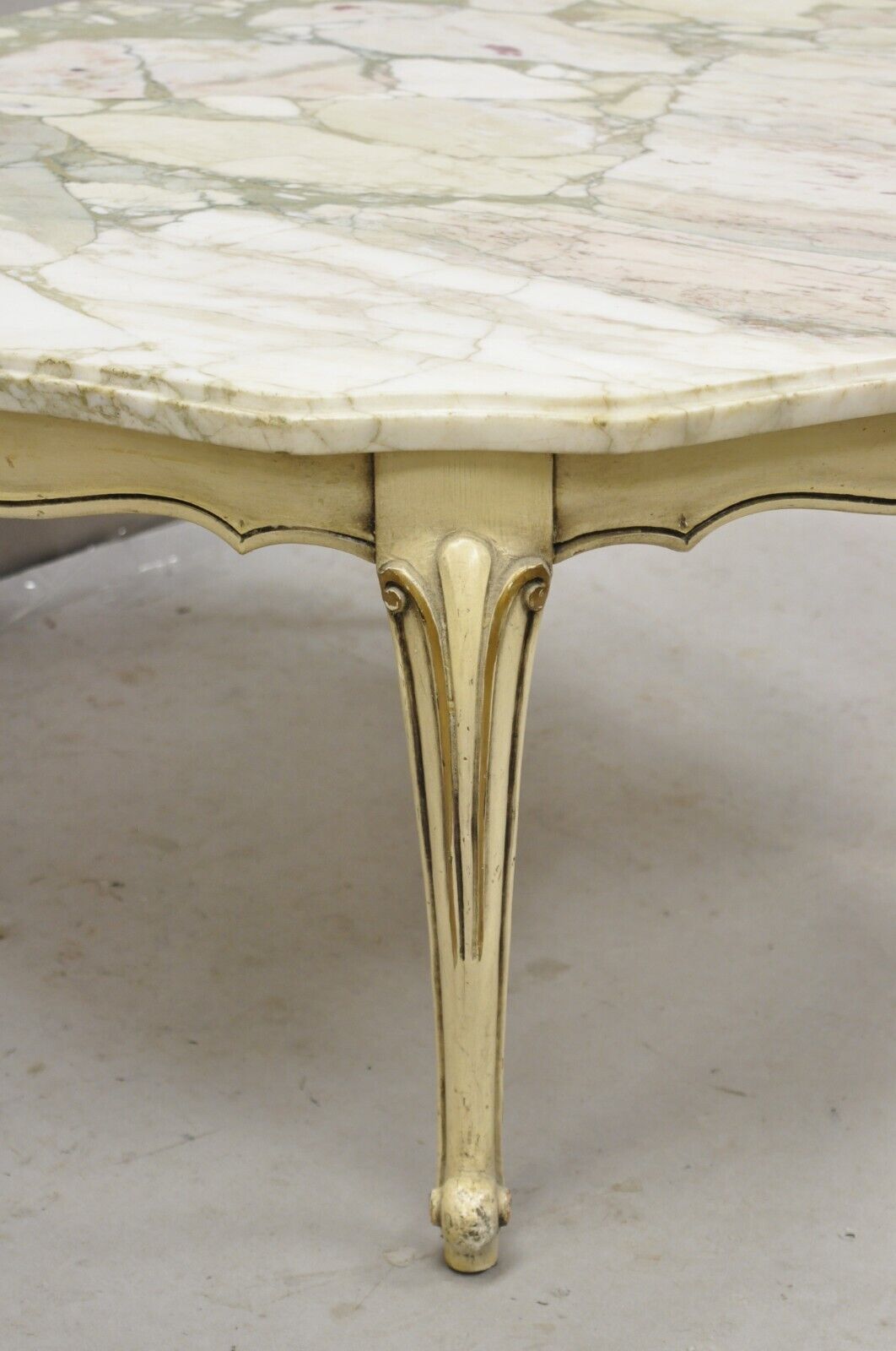 Vintage French Provincial Style Marble Top Cream Painted Round Coffee Table