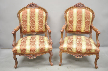 Pair of French Louis XV Style Repro Pink and Gold Bergere Lounge Arm Chairs