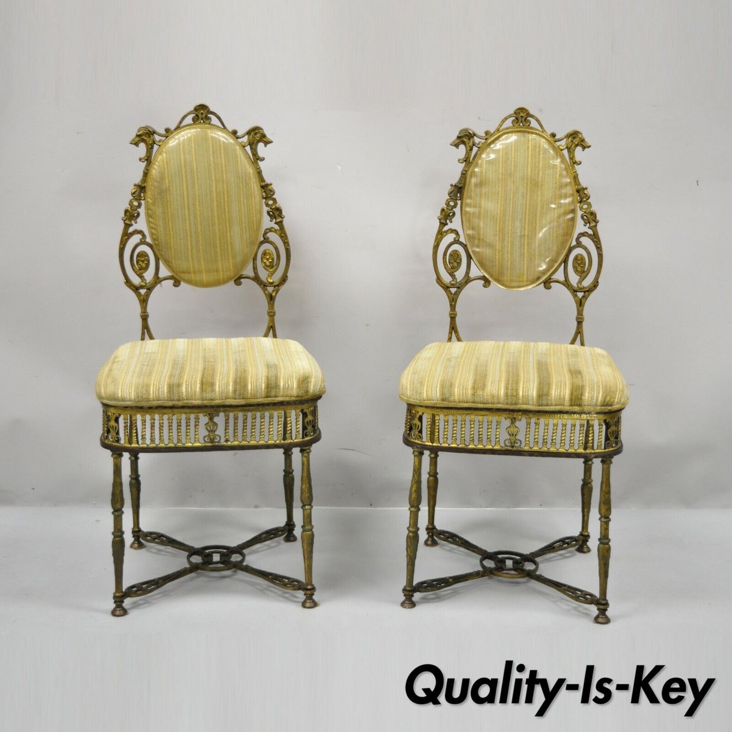 Antique Victorian Bronze Brass Parlor Salon Accent Chair Oscar Bach Style - Pair